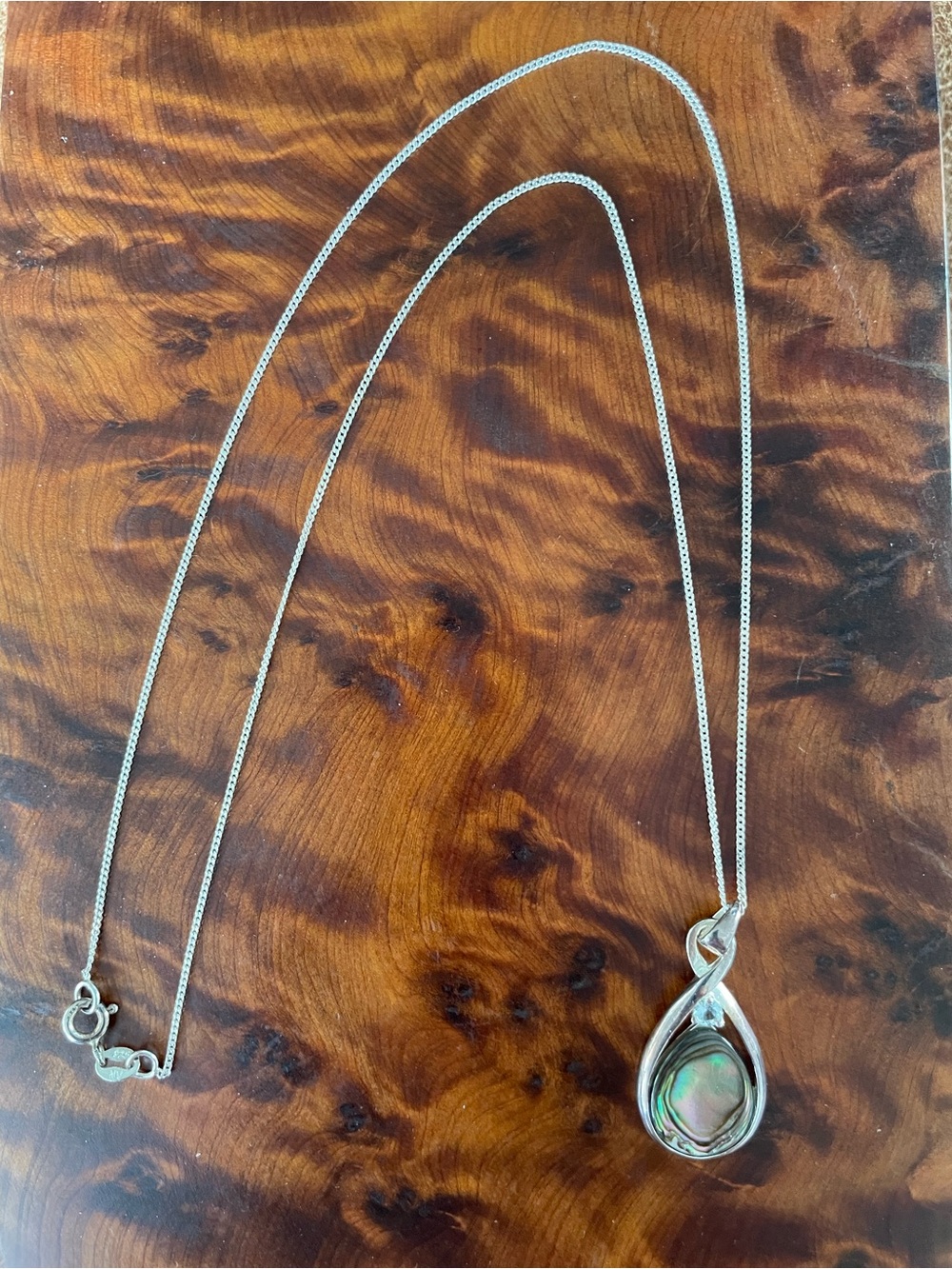 Vintage Sterling Silver 925 Abalone Rhinestone Teardrop Pendant & Necklace Chain